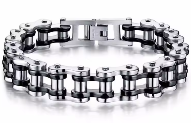 PULSERA MOTERA TIPO CADENA PLATEADO NEGRO